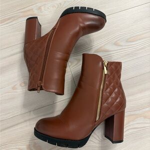 New York & Company Brown Quilted Block Heel Ankle Boots with Gold Zipper